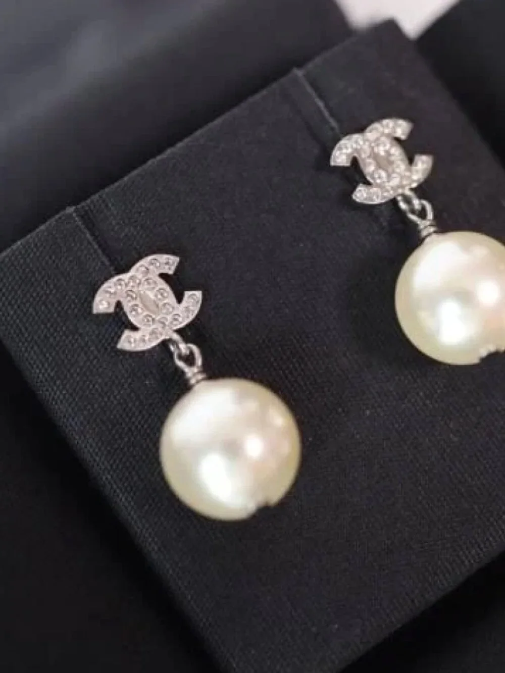 Chanel Classic Silver Crystal CC Pearl Dangle Earrings